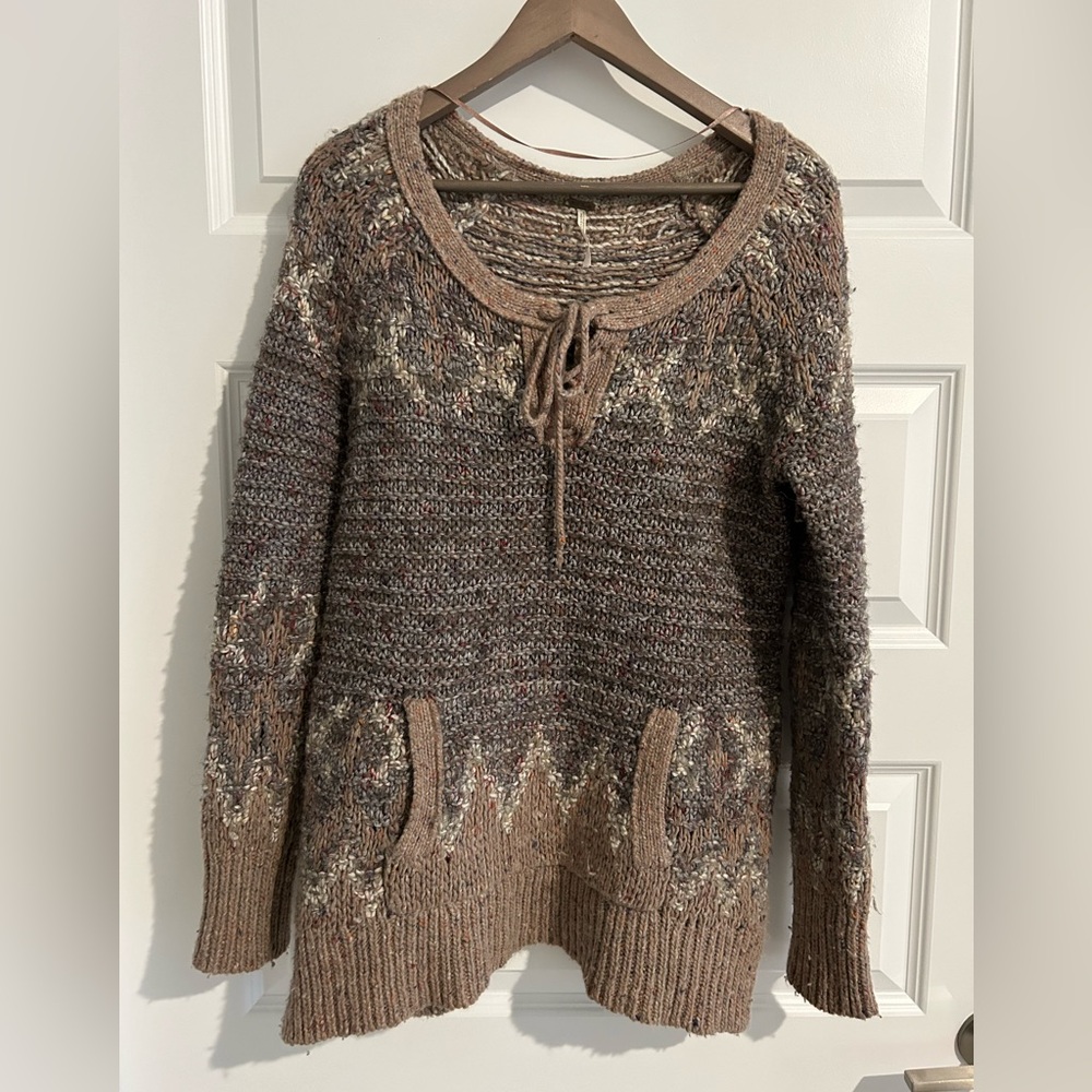 Free People Chunky Knit Sweater Gray Tan Size S